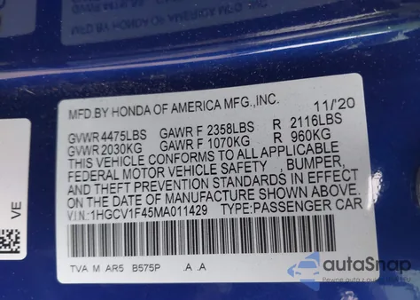 2021 Honda Accord Sport Special Edition from USA, damaged, VIN 01HGCV1F45MA01142